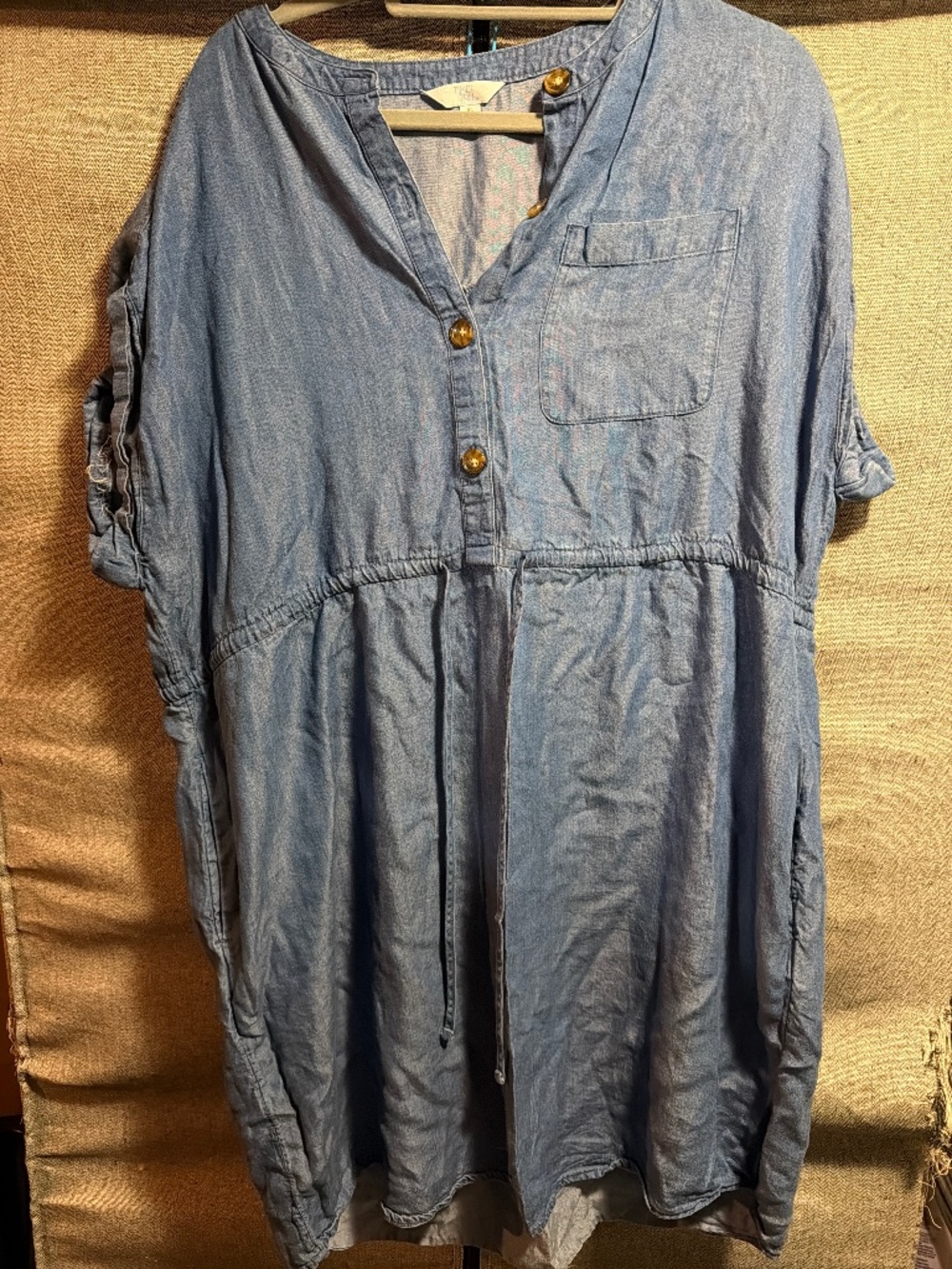 Blue Chambray Drawstring Shirt Dress – Short Sleeve – Casual